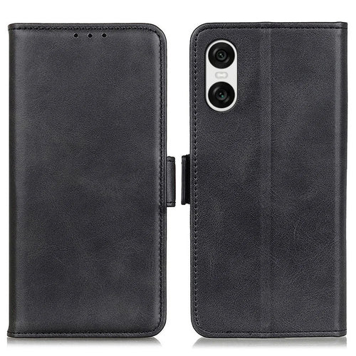 For Sony Xperia 10 VI Case PU Leather Wallet Phone Cover Cowhide Texture - Black - 1
