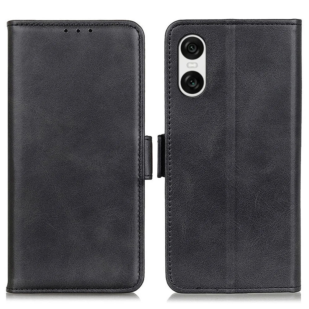 For Sony Xperia 10 VI Case PU Leather Wallet Phone Cover Cowhide Texture - Black - 1