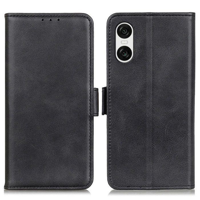 For Sony Xperia 10 VI Case PU Leather Wallet Phone Cover Cowhide Texture - Black - 1