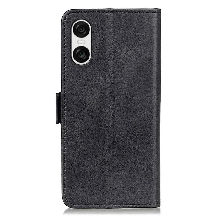 For Sony Xperia 10 VI Case PU Leather Wallet Phone Cover Cowhide Texture - Black - 6