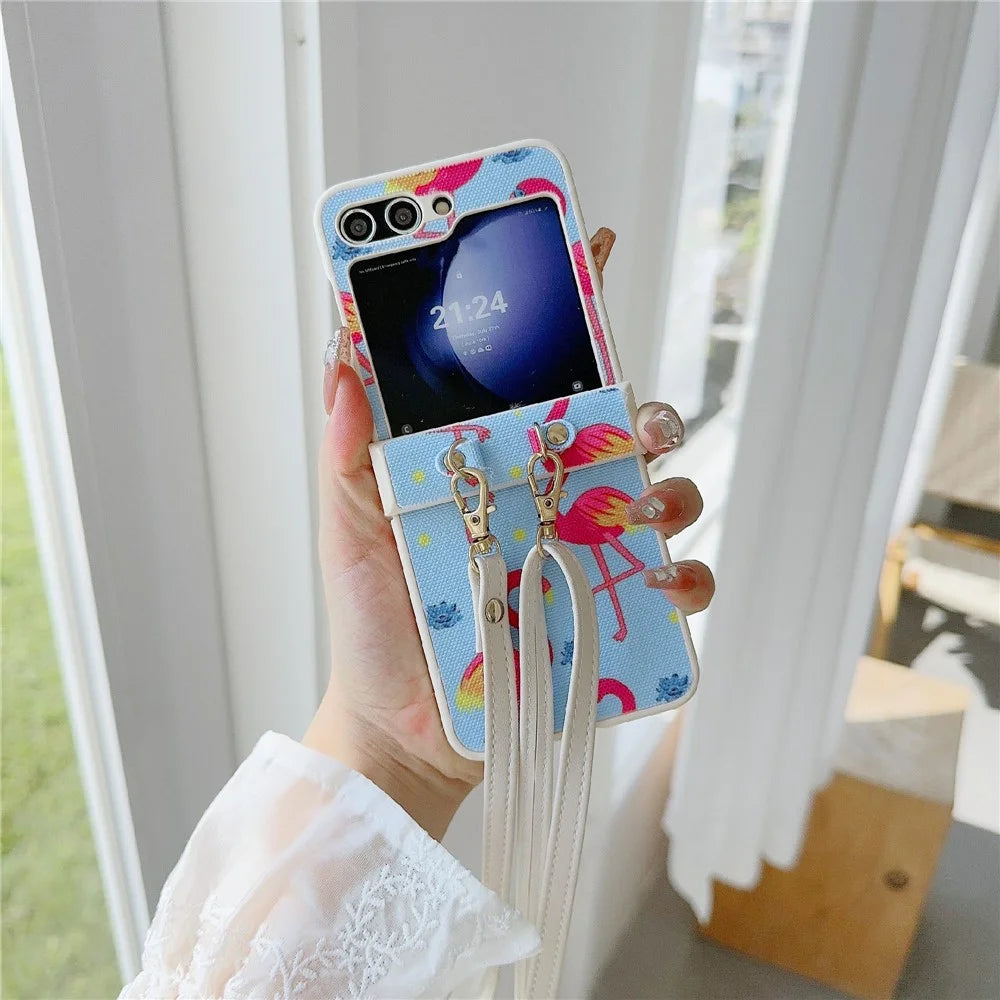 For Samsung Galaxy Z Flip5 5G   Phone Case PU Leather Coated PC Phone Cover with Long Strap - Blue - 1