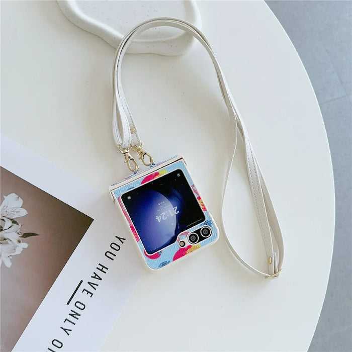 For Samsung Galaxy Z Flip5 5G   Phone Case PU Leather Coated PC Phone Cover with Long Strap - Blue - 2