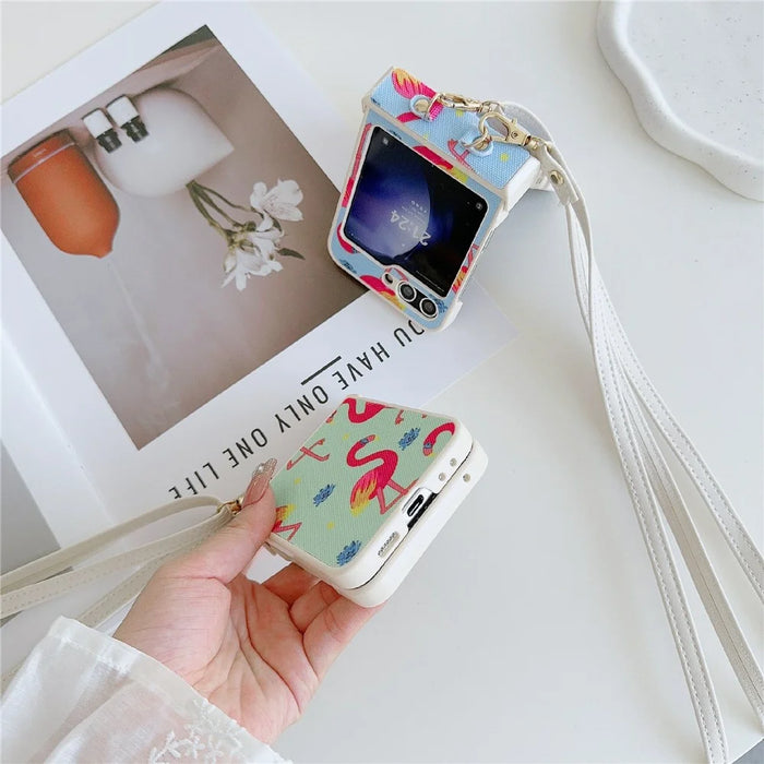For Samsung Galaxy Z Flip5 5G   Phone Case PU Leather Coated PC Phone Cover with Long Strap - Blue - 4