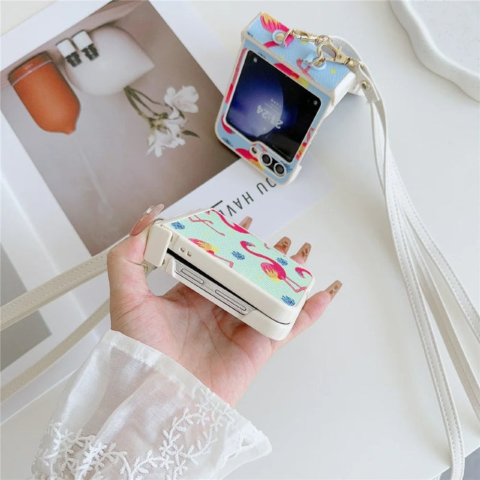 For Samsung Galaxy Z Flip5 5G   Phone Case PU Leather Coated PC Phone Cover with Long Strap - Blue - 5