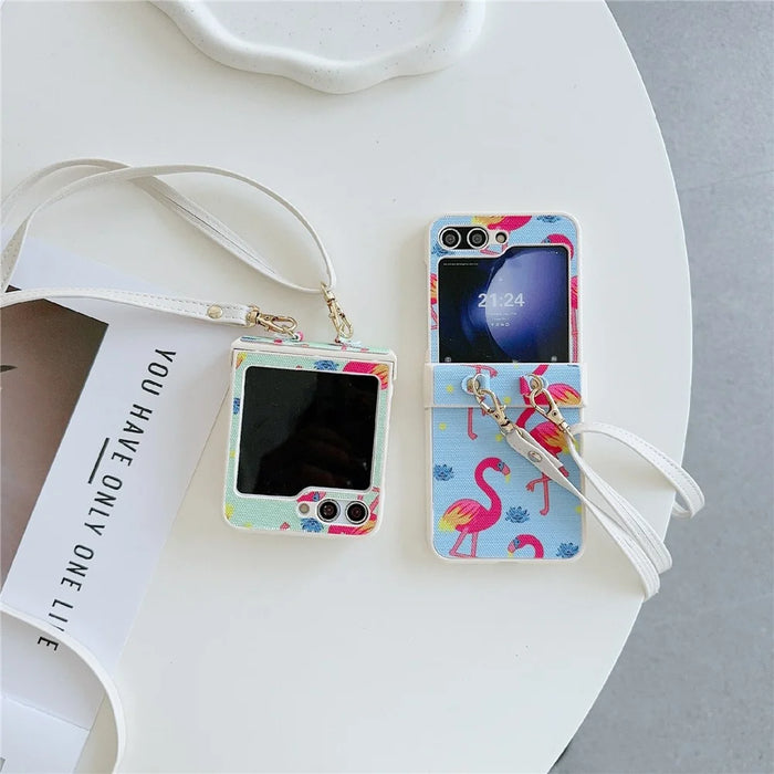 For Samsung Galaxy Z Flip5 5G   Phone Case PU Leather Coated PC Phone Cover with Long Strap - Blue - 6