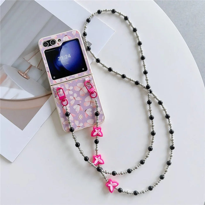 Folding Phone Case for Samsung Galaxy Z Flip5 5G , Butterfly Pattern PU+PC Cover with Beaded Crossbody Strap - Pink - 1