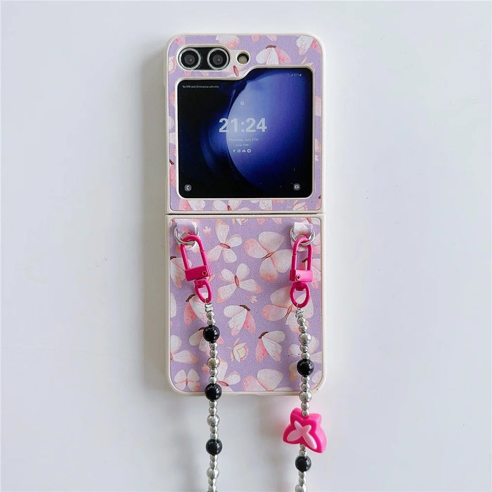 Folding Phone Case for Samsung Galaxy Z Flip5 5G , Butterfly Pattern PU+PC Cover with Beaded Crossbody Strap - Pink - 2