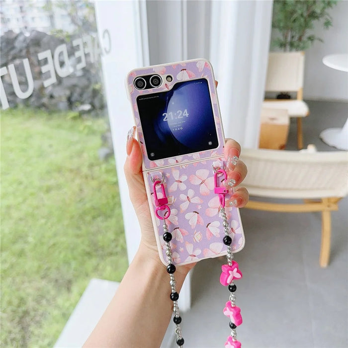 Folding Phone Case for Samsung Galaxy Z Flip5 5G , Butterfly Pattern PU+PC Cover with Beaded Crossbody Strap - Pink - 3