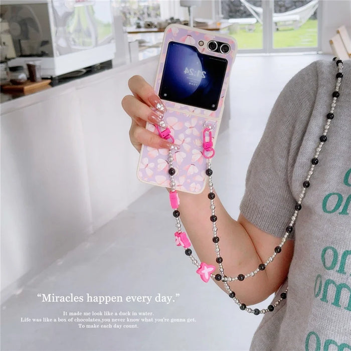Folding Phone Case for Samsung Galaxy Z Flip5 5G , Butterfly Pattern PU+PC Cover with Beaded Crossbody Strap - Pink - 4