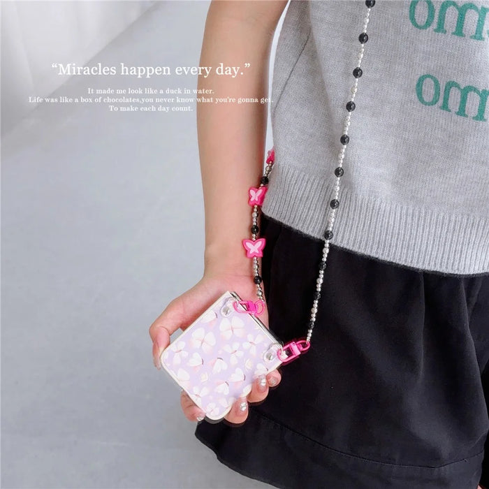 Folding Phone Case for Samsung Galaxy Z Flip5 5G , Butterfly Pattern PU+PC Cover with Beaded Crossbody Strap - Pink - 5