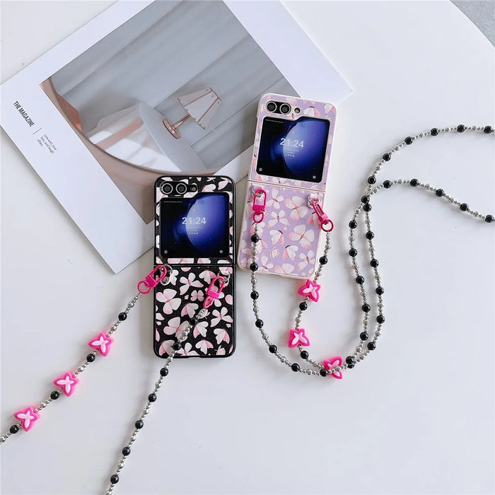Folding Phone Case for Samsung Galaxy Z Flip5 5G , Butterfly Pattern PU+PC Cover with Beaded Crossbody Strap - Pink - 7