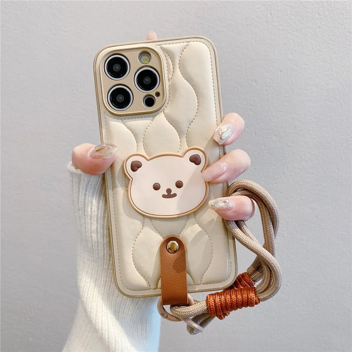 For iPhone 15 Pro Case Cute Bear Down Jacket Design Leather+TPU Phone Cover with Wrist Strap - White - 1