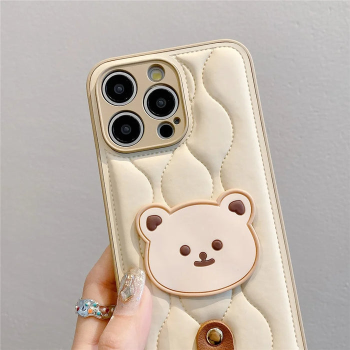 For iPhone 15 Pro Case Cute Bear Down Jacket Design Leather+TPU Phone Cover with Wrist Strap - White - 2