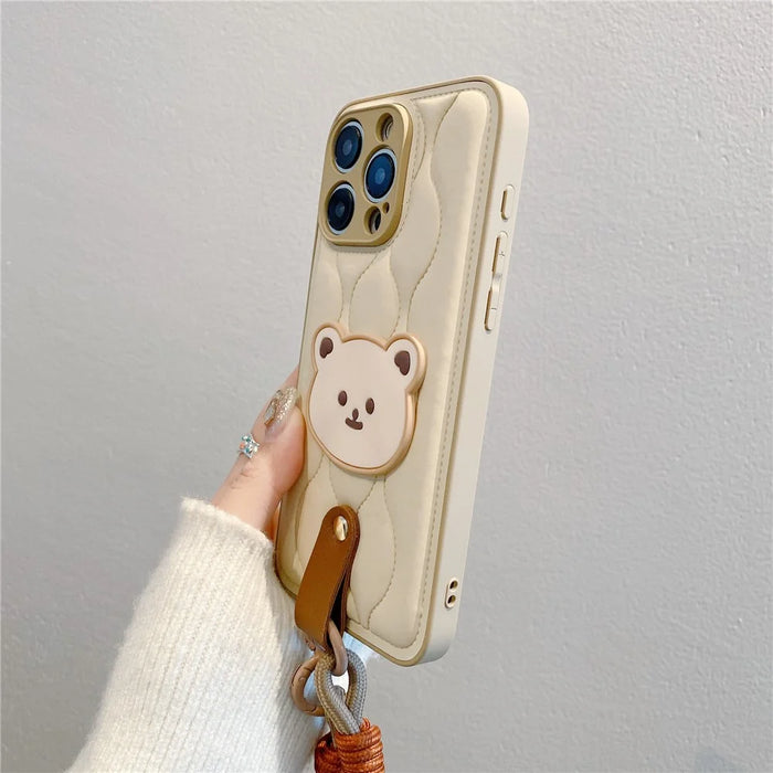 For iPhone 15 Pro Case Cute Bear Down Jacket Design Leather+TPU Phone Cover with Wrist Strap - White - 3
