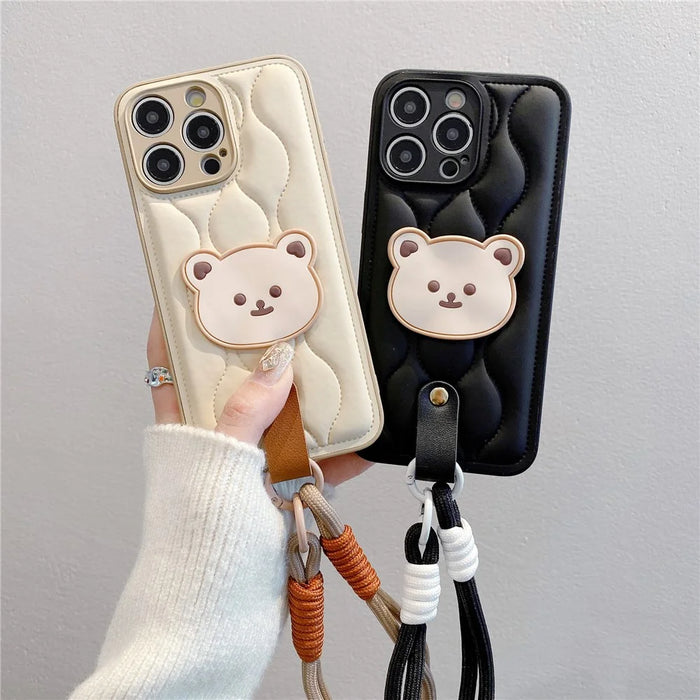 For iPhone 15 Pro Case Cute Bear Down Jacket Design Leather+TPU Phone Cover with Wrist Strap - White - 5