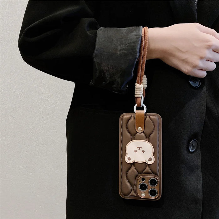 For iPhone 15 Pro Case Cute Bear Down Jacket Design Leather+TPU Phone Cover with Wrist Strap - White - 6