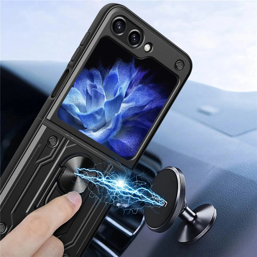For Samsung Galaxy Z Flip7 FE 5G / Z Flip6 5G Case PC+TPU Kickstand Magnetic Car Mount Phone Cover - Black - 6