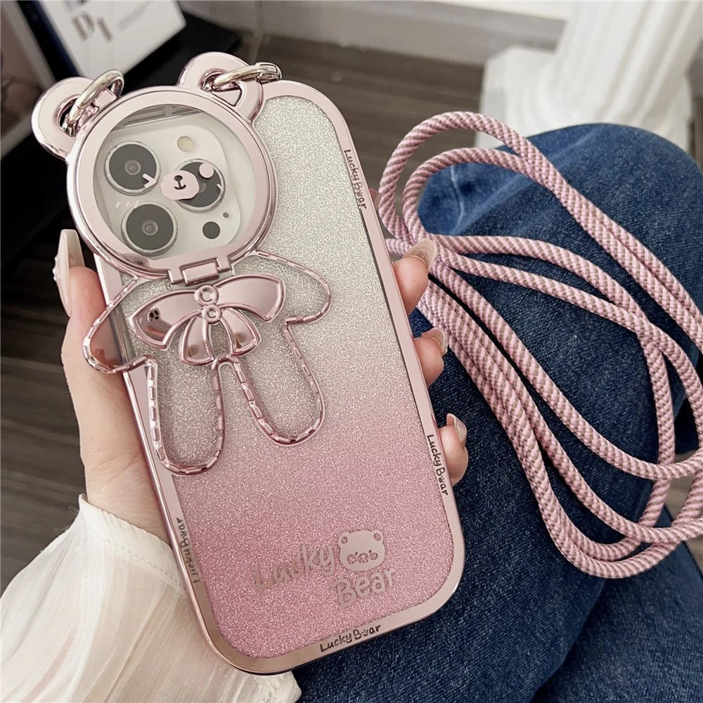 For iPhone 15 Pro Phone Case Electroplated TPU Cover with PC Kickstand+Long Strap - Pink - 1