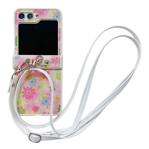For Samsung Galaxy Z Flip5 5G PC Case Glittery Powder Flower Pattern Phone Protective Cover with White Strap - Pink - 1