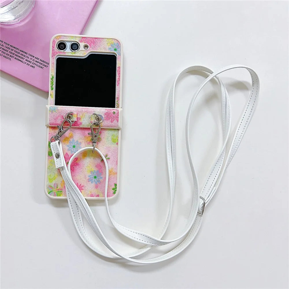 For Samsung Galaxy Z Flip5 5G PC Case Glittery Powder Flower Pattern Phone Protective Cover with White Strap - Pink - 3