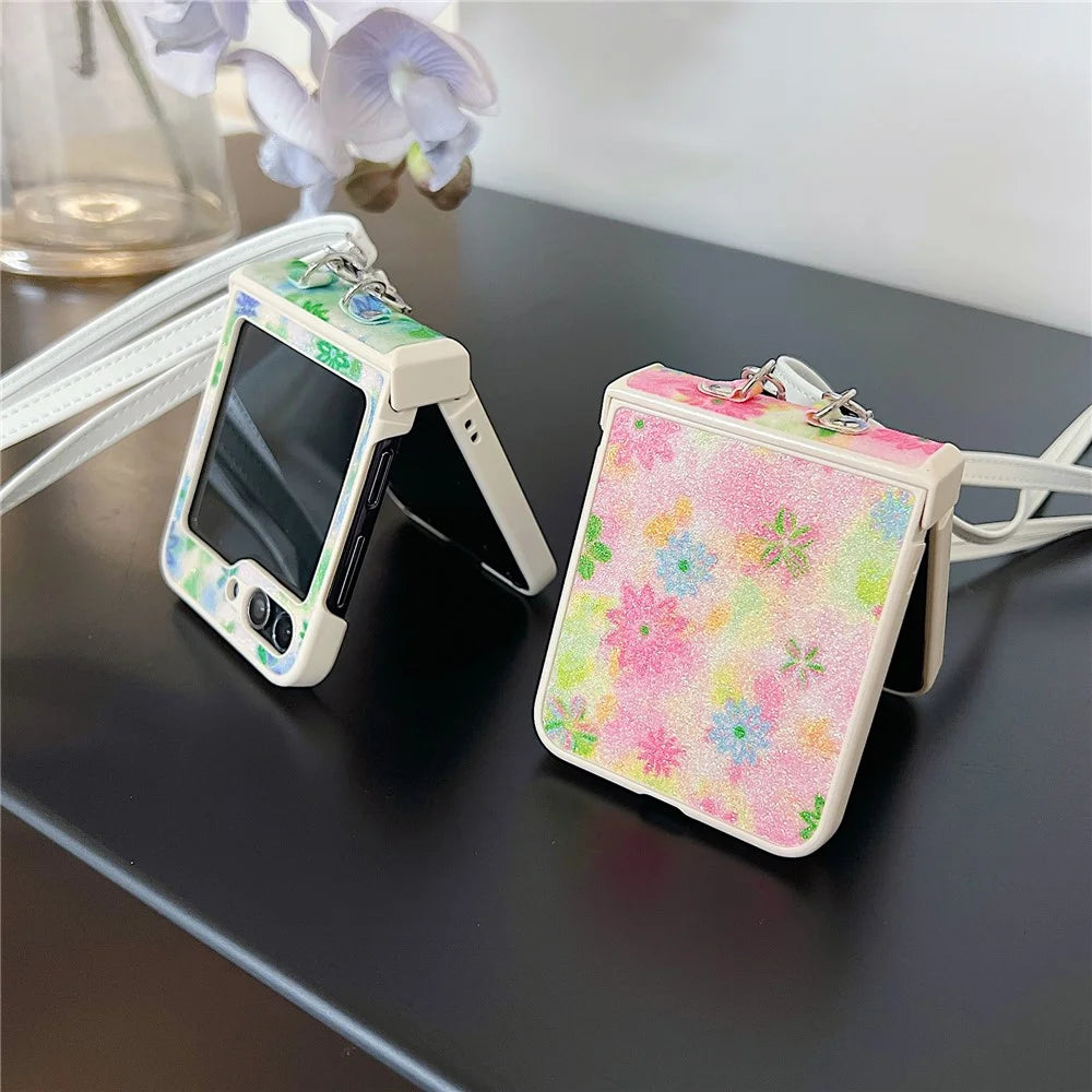 For Samsung Galaxy Z Flip5 5G PC Case Glittery Powder Flower Pattern Phone Protective Cover with White Strap - Pink - 4