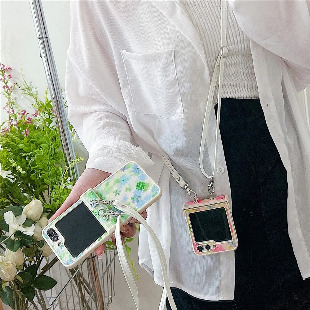 For Samsung Galaxy Z Flip5 5G PC Case Glittery Powder Flower Pattern Phone Protective Cover with White Strap - Pink - 5
