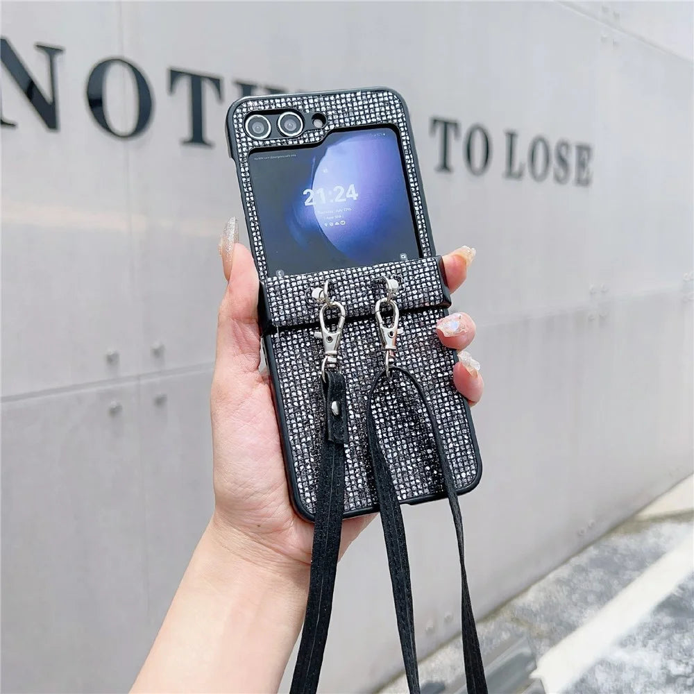 For Samsung Galaxy Z Flip5 5G Case Sequins Decor Hard PC Anti-Drop Phone Cover with Crossbody Strap - Black  /  Grey - 1