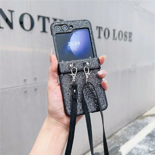 For Samsung Galaxy Z Flip5 5G Case Sequins Decor Hard PC Anti-Drop Phone Cover with Crossbody Strap - Black  /  Grey - 1