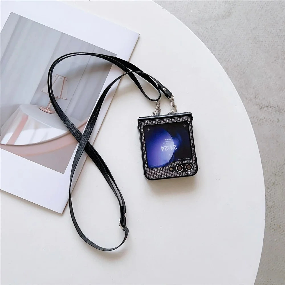 For Samsung Galaxy Z Flip5 5G Case Sequins Decor Hard PC Anti-Drop Phone Cover with Crossbody Strap - Black  /  Grey - 3