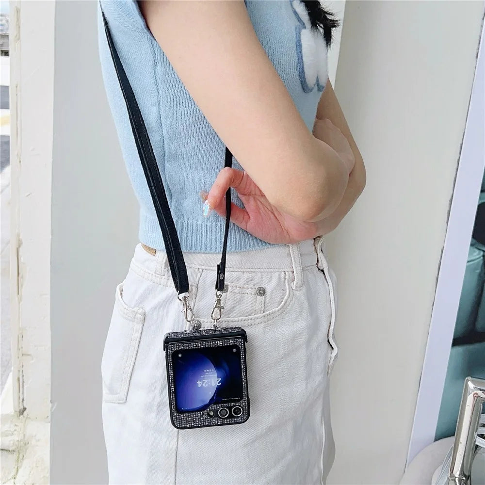 For Samsung Galaxy Z Flip5 5G Case Sequins Decor Hard PC Anti-Drop Phone Cover with Crossbody Strap - Black  /  Grey - 4