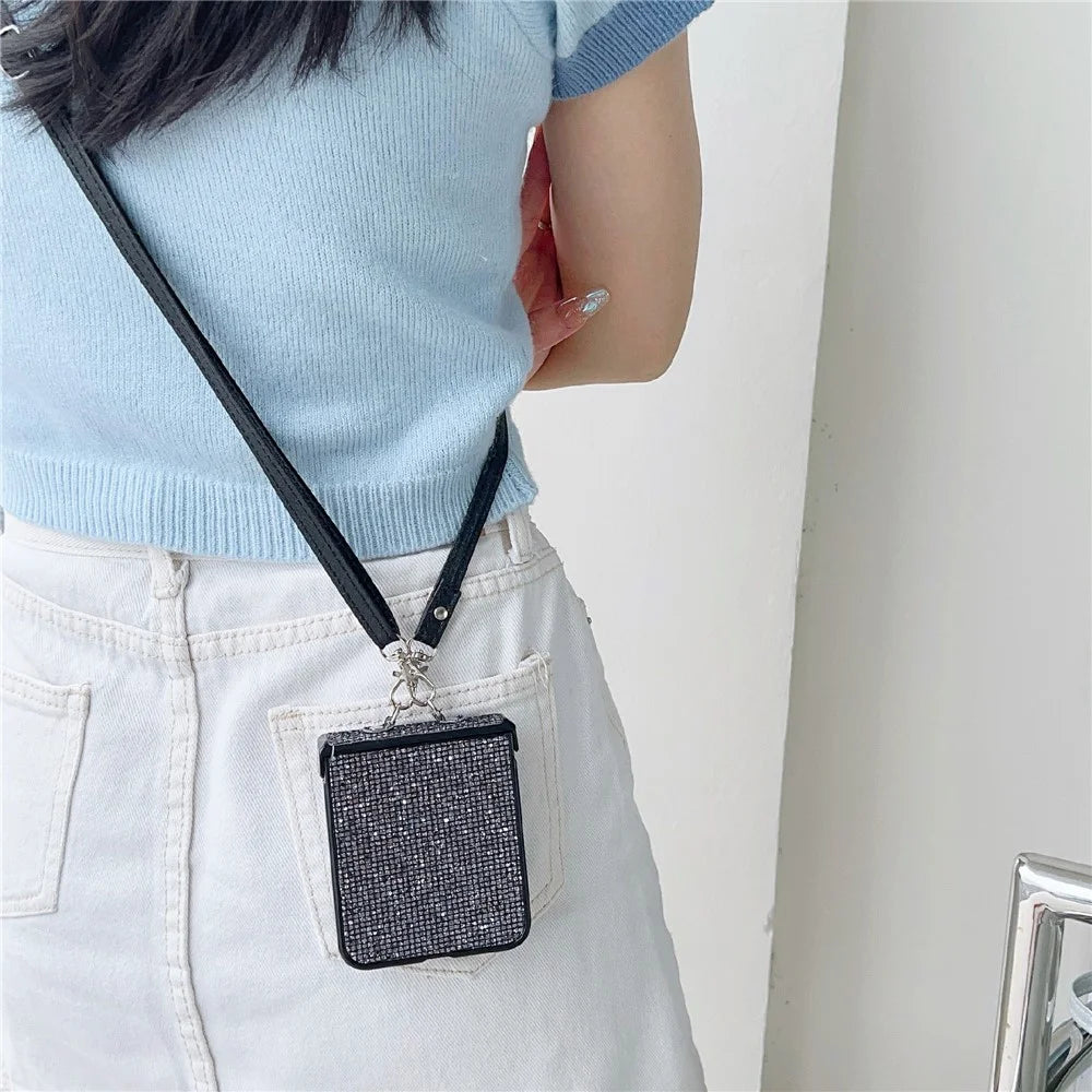 For Samsung Galaxy Z Flip5 5G Case Sequins Decor Hard PC Anti-Drop Phone Cover with Crossbody Strap - Black  /  Grey - 5