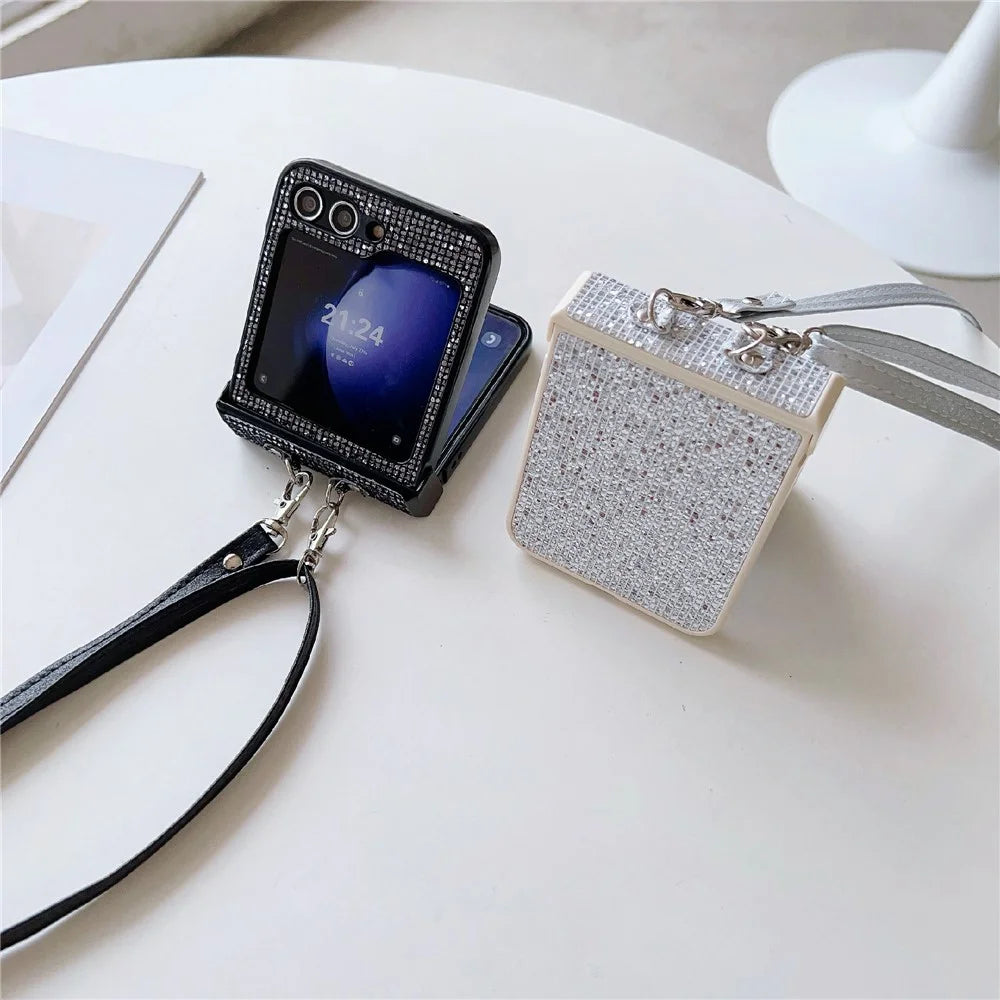 For Samsung Galaxy Z Flip5 5G Case Sequins Decor Hard PC Anti-Drop Phone Cover with Crossbody Strap - Black  /  Grey - 6