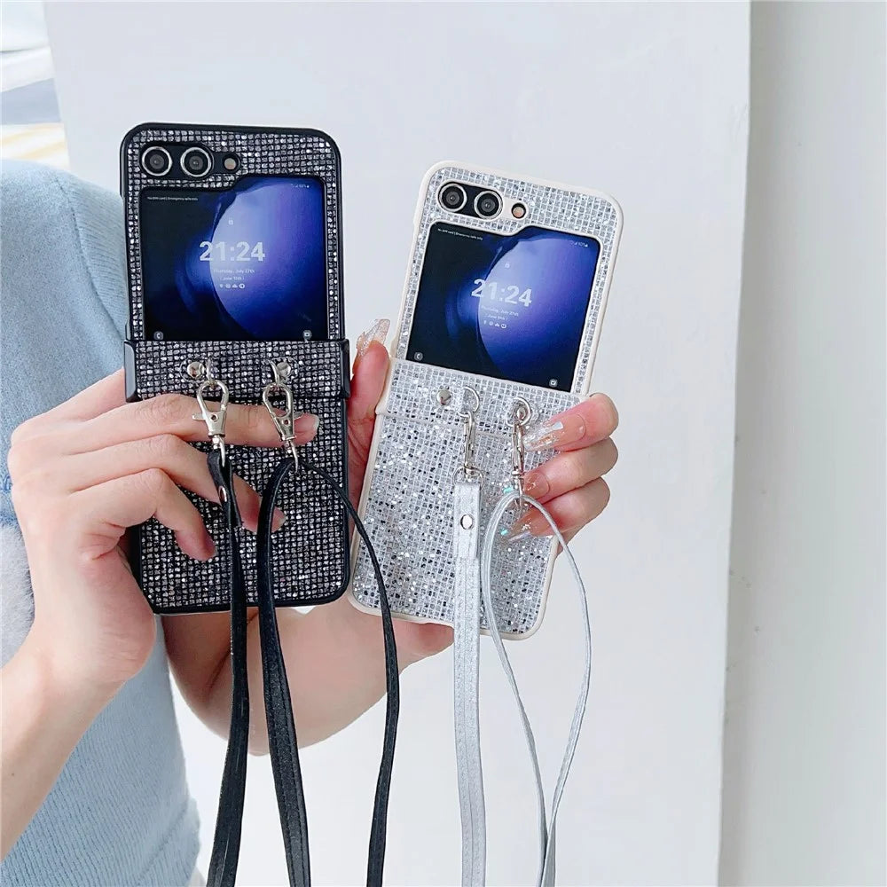 For Samsung Galaxy Z Flip5 5G Case Sequins Decor Hard PC Anti-Drop Phone Cover with Crossbody Strap - Black  /  Grey - 7