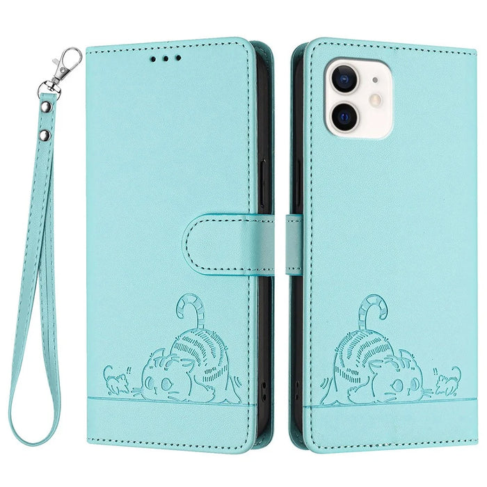 For iPhone 12 / 12 Pro Case with Strap RFID Blocking Leather Wallet Phone Cover Cat Mouse Pattern - Mint Green - 1