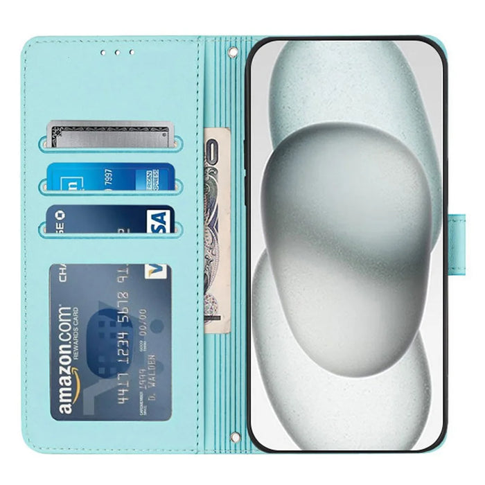 For iPhone 12 / 12 Pro Case with Strap RFID Blocking Leather Wallet Phone Cover Cat Mouse Pattern - Mint Green - 2