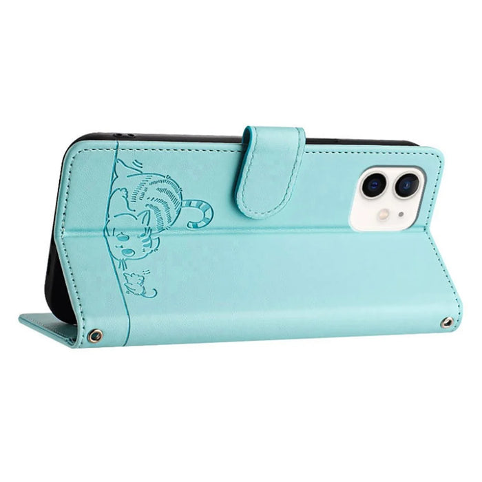 For iPhone 12 / 12 Pro Case with Strap RFID Blocking Leather Wallet Phone Cover Cat Mouse Pattern - Mint Green - 3