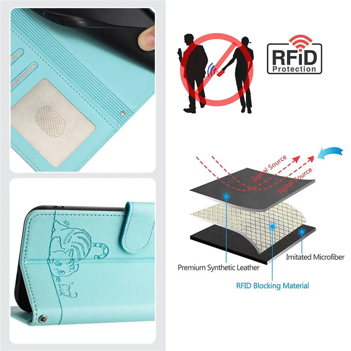 For iPhone 12 / 12 Pro Case with Strap RFID Blocking Leather Wallet Phone Cover Cat Mouse Pattern - Mint Green - 6