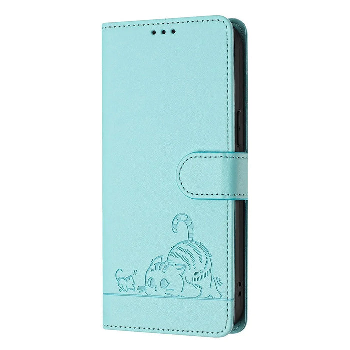 For iPhone 12 / 12 Pro Case with Strap RFID Blocking Leather Wallet Phone Cover Cat Mouse Pattern - Mint Green - 7