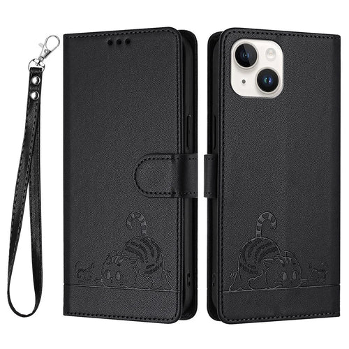 For iPhone 15 Case with Strap RFID Blocking Leather Wallet Phone Cover Cat Mouse Pattern - Black - 1