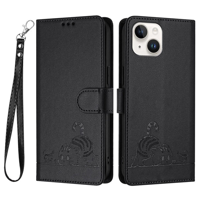 For iPhone 15 Case with Strap RFID Blocking Leather Wallet Phone Cover Cat Mouse Pattern - Black - 1