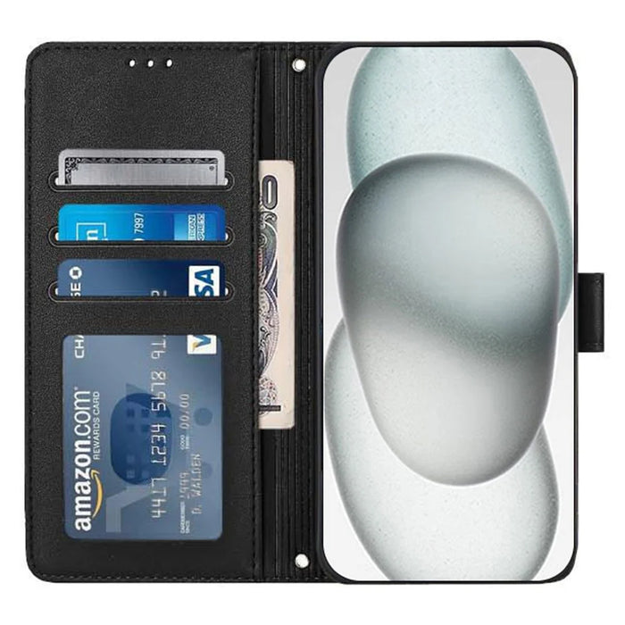 For iPhone 15 Case with Strap RFID Blocking Leather Wallet Phone Cover Cat Mouse Pattern - Black - 2