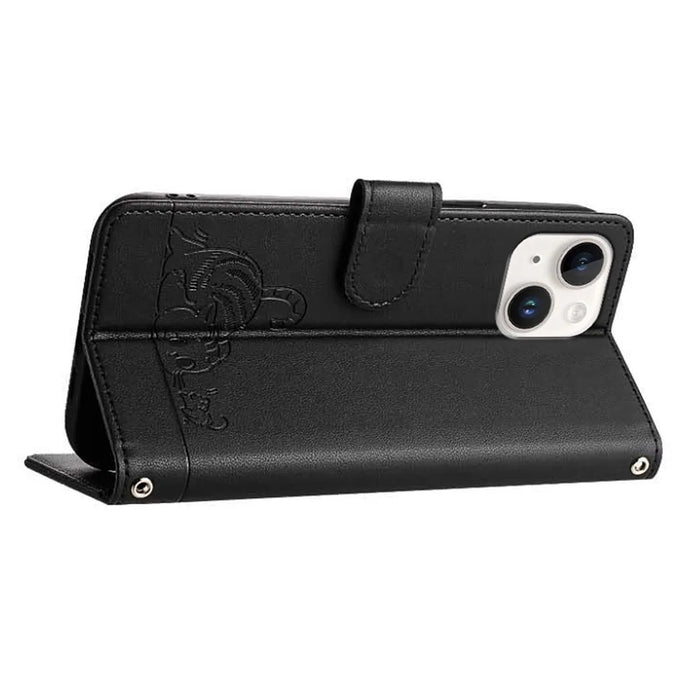 For iPhone 15 Case with Strap RFID Blocking Leather Wallet Phone Cover Cat Mouse Pattern - Black - 3