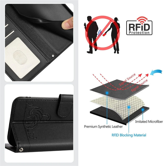 For iPhone 15 Case with Strap RFID Blocking Leather Wallet Phone Cover Cat Mouse Pattern - Black - 6