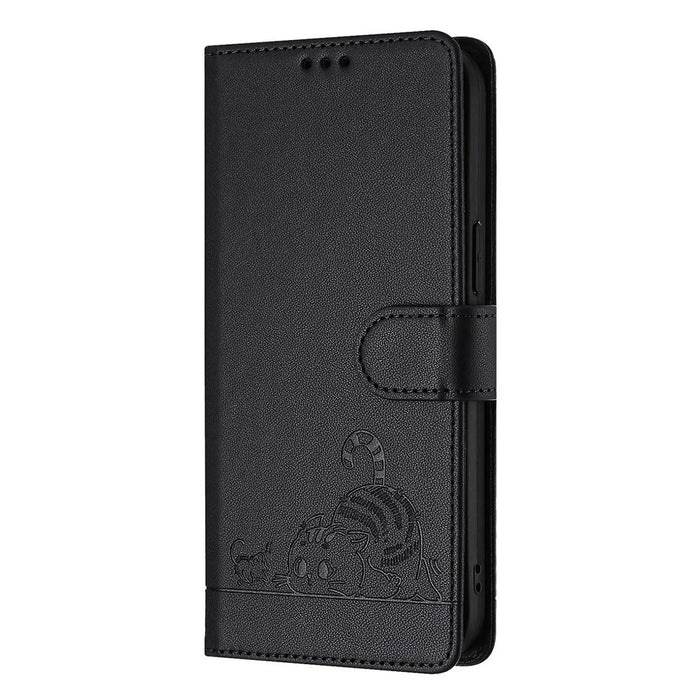 For iPhone 15 Case with Strap RFID Blocking Leather Wallet Phone Cover Cat Mouse Pattern - Black - 7