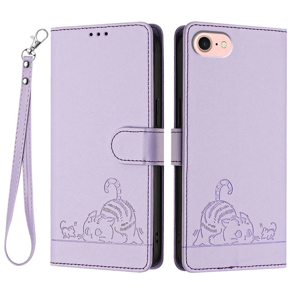 For iPhone SE (2020) / (2022) / 7 / 8 Case with Strap RFID Blocking Leather Wallet Phone Cover Cat Mouse Pattern - Purple - 1