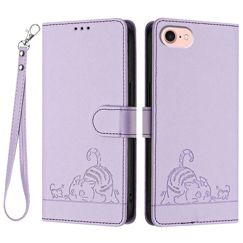 For iPhone SE (2020) / (2022) / 7 / 8 Case with Strap RFID Blocking Leather Wallet Phone Cover Cat Mouse Pattern - Purple - 1