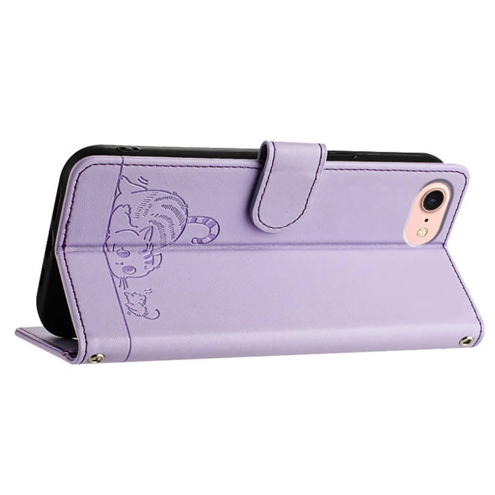 For iPhone SE (2020) / (2022) / 7 / 8 Case with Strap RFID Blocking Leather Wallet Phone Cover Cat Mouse Pattern - Purple - 3