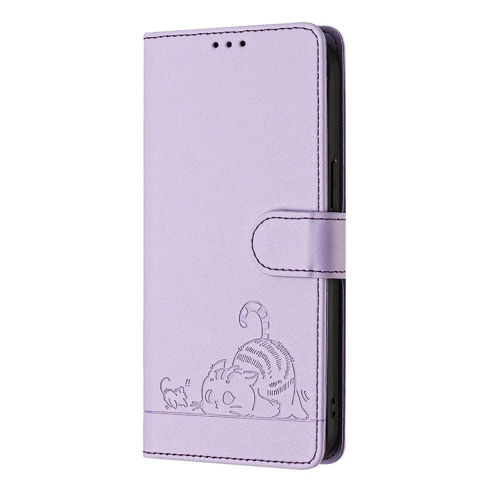 For iPhone SE (2020) / (2022) / 7 / 8 Case with Strap RFID Blocking Leather Wallet Phone Cover Cat Mouse Pattern - Purple - 7