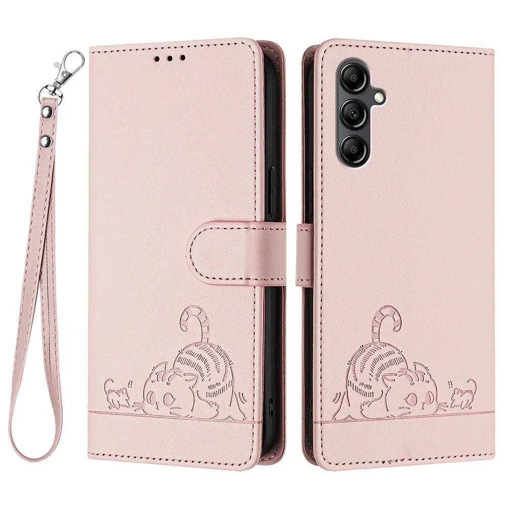 For Samsung Galaxy A15 4G / 5G Case with Strap RFID Blocking Leather Wallet Phone Cover Cat Mouse Pattern - Pink - 1