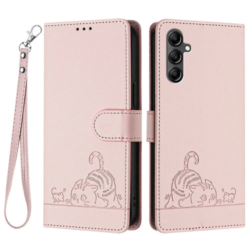 For Samsung Galaxy A15 4G / 5G Case with Strap RFID Blocking Leather Wallet Phone Cover Cat Mouse Pattern - Pink - 1